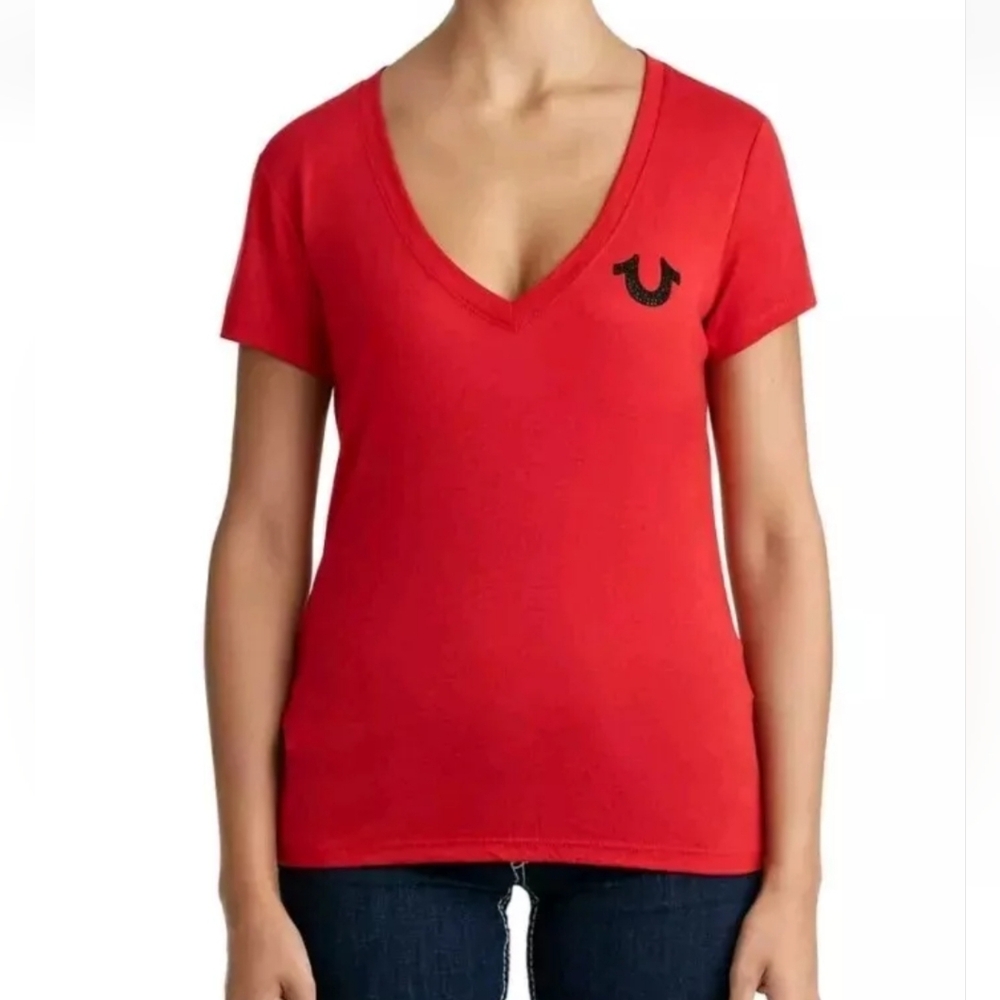 True Religion Women's Embellished Crystal Classic Buddha Logo V-Neck Tee T-Shirt